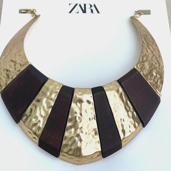 Zara Limited Edition Large Wood Necklace Wooden & Gold Tone Jewelry - Picture 5 of 7